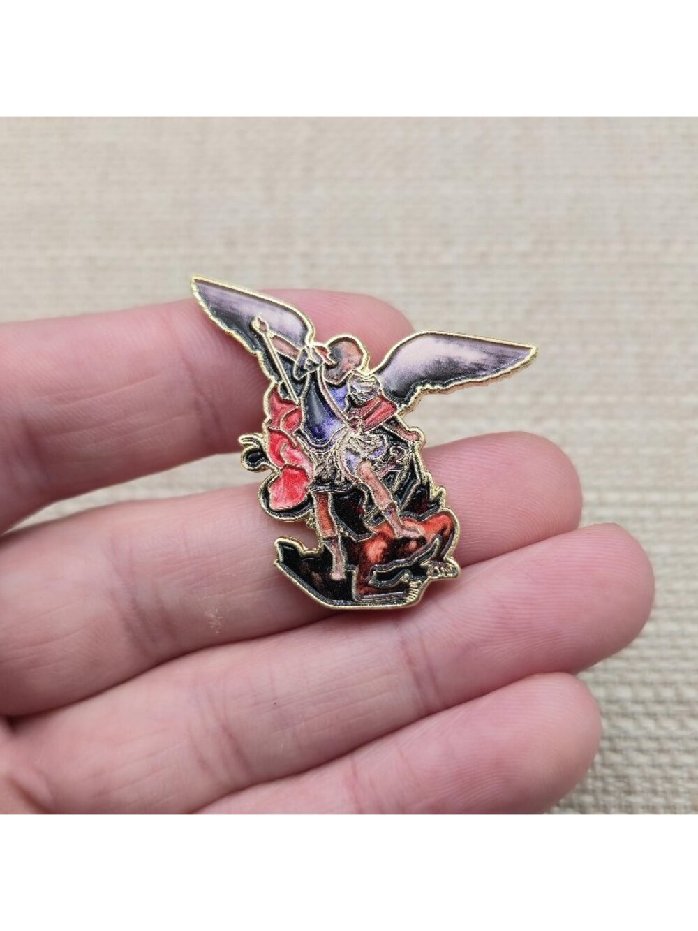 Archangel Saint Michael Defeating Demon Enamel Lapel Pin A8543